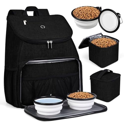 BAGLHER丨Dog Travel Bag, Airline Approved Pet Supplies Backpack, Dog Travel Backpack Accessories Set with 2 Silicone Collapsible Bowls and 2 Food Baskets. Black - color: Black-A