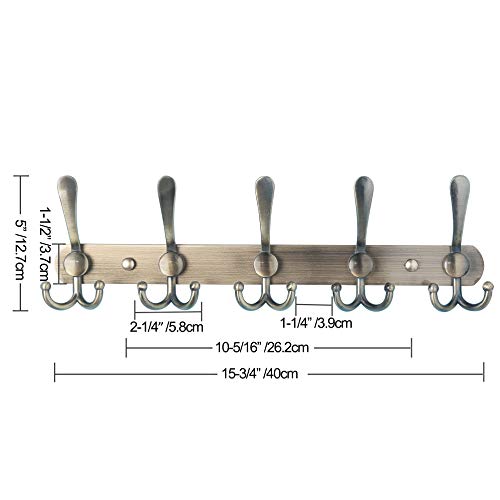 Dseap Wall Mounted Coat Rack - 5 Tri Hooks, Heavy Duty, Stainless Steel, Metal Coat Hook Rail for Coat Hat Towel Purse Robes Mudroom Bathroom Entryway (Bronze, 2 Packs) - color: Bronze, size: L=16" (2 Pcs)