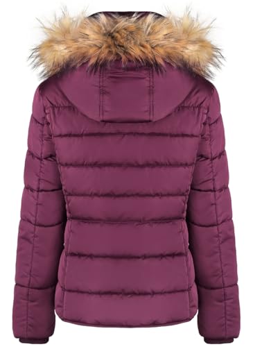 BodiLove Women's Fur Hooded Thickened Jacket with Fleece Lining - color: Burgundy W/ Silver Zipper, size: Medium
