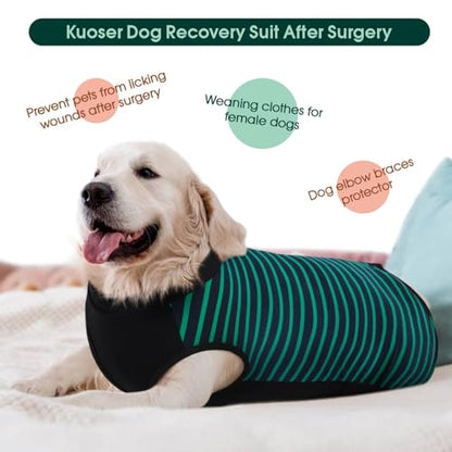 Kuoser Dog Recovery Suit with Anti Licking Rear Leg Sleeve, Green L - color: Green Strips, size: Large (Back Length: 40cm / 15.74")