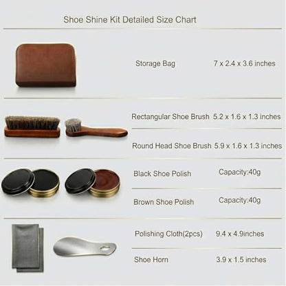 shoe care kit horsehair brush,long-handled round brush,white & black polish,polishing cloth,shoe horn,storage box. - color: Browm+black