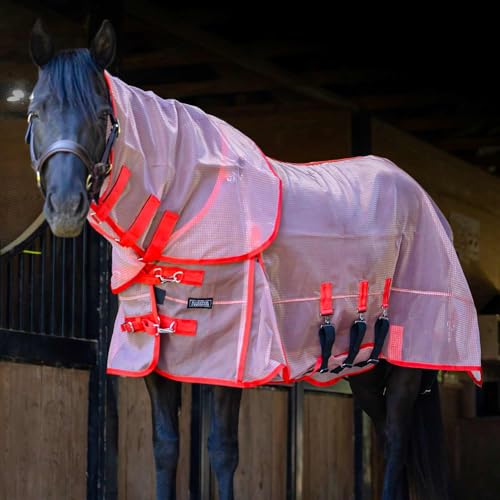 Jeffers Romper Stomper Ripstop Fly Sheet for Horses with Detachable Neck Cover & Belly Flap, 84" - Breathable Lightweight, Horse Tack for Summer Turnout, UV & Fly Protection Sheet - Grey & Red - size: 84"