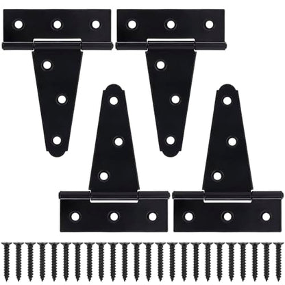 4 Inch T-Strap Gate Hinges, Shed Barn Door Hinges Heavy Duty, Black Tee Hinges for Wooden Fences, Yard Gate, Wrought Hardware Iron Rustproof (4 Pack/Set) - size: 4 Inch