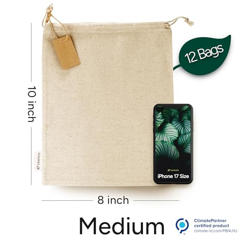 LEAFICO Organic Cotton Produce Bags - Medium 8x10 Inch (12 Bags) - Reusable Muslin Storage Bags with Drawstrings - Biodegradable Canvas Fabric - Perfect for Snacks, Clothes - size: Medium 8x10"