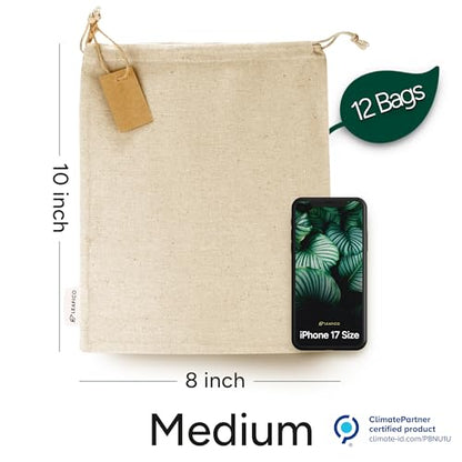 LEAFICO Organic Cotton Produce Bags - Medium 8x10 Inch (12 Bags) - Reusable Muslin Storage Bags with Drawstrings - Biodegradable Canvas Fabric - Perfect for Snacks, Clothes - size: Medium 8x10"