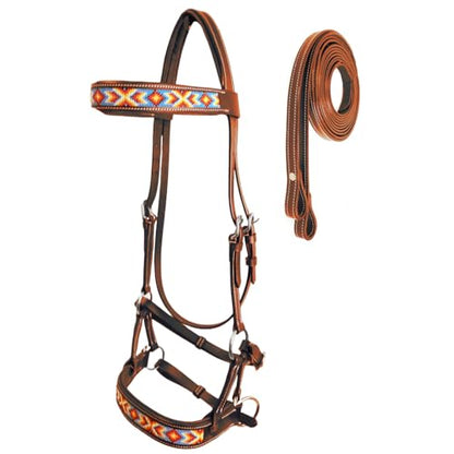 Tahoe Bitless Leather Horse Bridle - Turquoise Navajo Beaded Browband & Noseband with Split Reins, 1-Year Warranty - color: Medium Oil