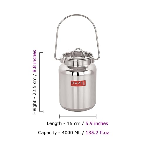 HAZEL Stainless Steel Milk Container with Airtight Lid | Food-Grade Grease Pot & Metal Canister for Kitchen Storage | Durable, Rust-Resistant Jar for Cooking Oil, Ghee & Dairy | 135 Fl. Oz - size: 135 Fl.Oz