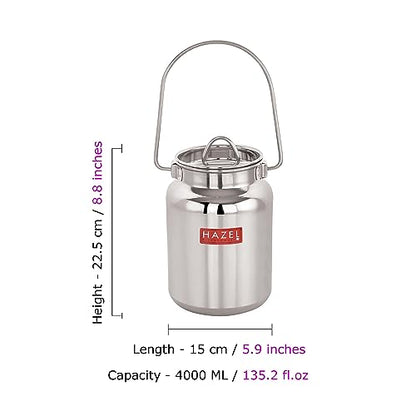 HAZEL Stainless Steel Milk Container with Airtight Lid | Food-Grade Grease Pot & Metal Canister for Kitchen Storage | Durable, Rust-Resistant Jar for Cooking Oil, Ghee & Dairy | 135 Fl. Oz - size: 135 Fl.Oz