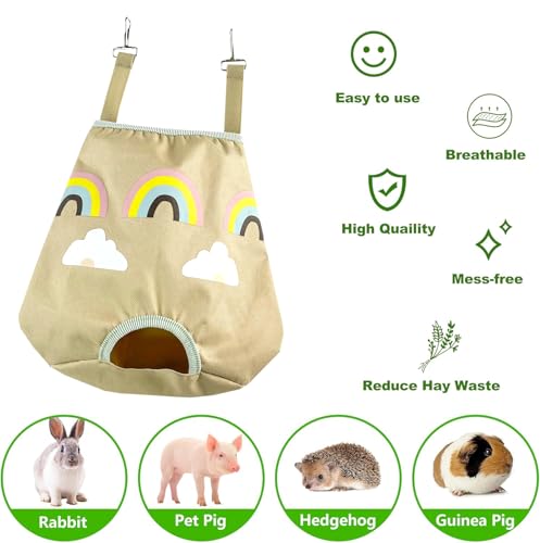 Rabbit Hay Feeder Bag for Guinea Pigs and Chinchillas | Cute Rainbow Design, Washable Oxford Cloth, Single Hole Timothy Hay Holder
