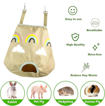 Rabbit Hay Feeder Bag for Guinea Pigs and Chinchillas | Cute Rainbow Design, Washable Oxford Cloth, Single Hole Timothy Hay Holder