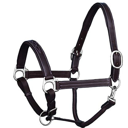 Leather Horse Halter with Fancy Stitching | Black & Brown Padded Halter with Silver Brass Hardware | Quick-Release Snap | Adjustable Leather Halter – Cob, Full, Over, Pony Sizes - color: Havana/ Choco Brown, size: Pony/ Small Size