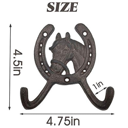 TIHOOD Cast Iron Horse Head 2 Hook Coat Rack - Rustic Ranch Style, Wall Mounted Towel Hooks