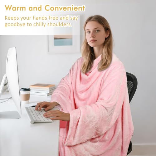 Catalonia Wearable Blanket with Sleeves & Foot Pocket for Adults - color: Pink, size: Fleece