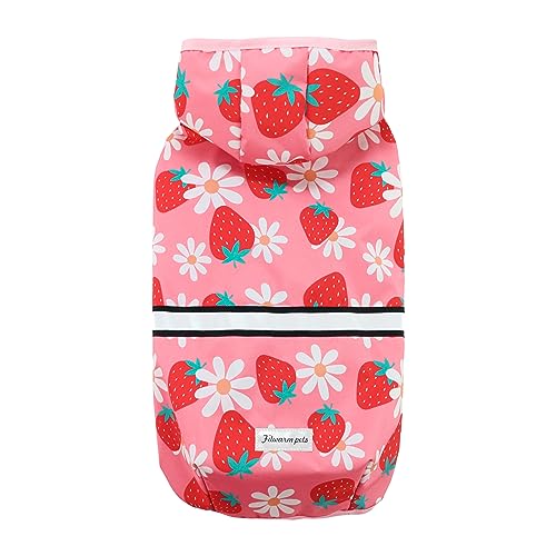 Fitwarm Strawberry Daisy Dog Raincoat with Hood, Waterproof Rain Jacket for Small Dogs Girl, Reflective Pet Poncho with Harness Opening, Packable, Adjustable, Pink, Large - color: Strawberry, size: Large