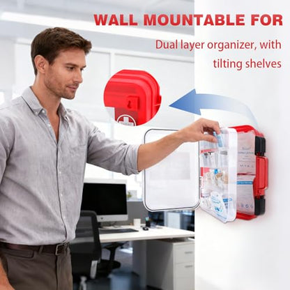 400 Pieces All-Purpose First Aid Kit, Organized Dual-Layer Wall