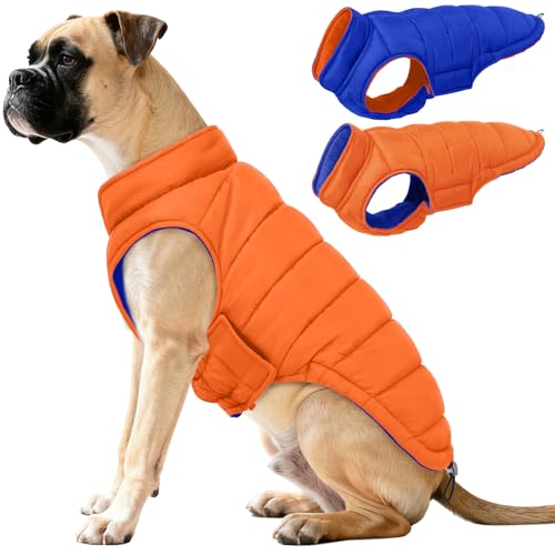 QBLEEV Reversible Dog Jacket, Windproof Dog Coat, Lightweight Puffer Vest - color: Orange-Navy, size: Large
