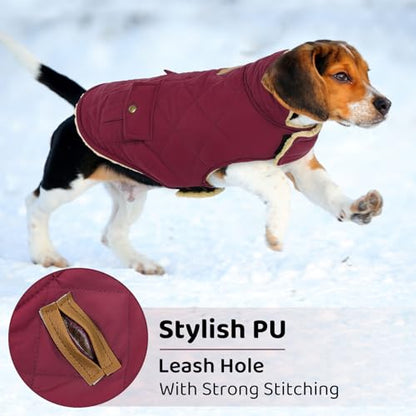 Queenmore Waterproof Small Dog Winter Coat Plush Lining Warm Puffer Jacket - color: Burgundy, size: Small