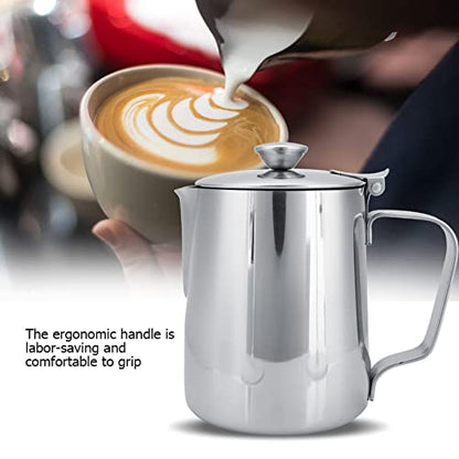 Coffee Frothing Pitcher with Lid, Stainless Steel Milk Frother Cup, Mutifunctional Milk Jug Cup, Coffee Steaming Pitcher with Handle for Latte Art and Frothing Milk(350ml)
