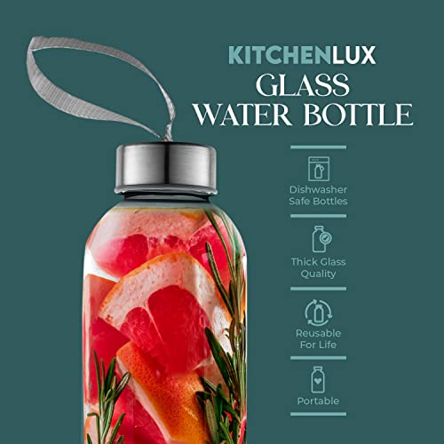 Kitchen Lux 18oz Glass Water Bottles – Pack of 12 Nylon Protective Sleeves, Airtight Screw Top Lids, Portable Carrying Loops - Lead, PVC and BPA Free - Water, Milk, Smoothie, Juice Beverage Glasses