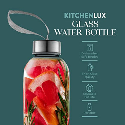 Kitchen Lux 18oz Glass Water Bottles – Pack of 12 Nylon Protective Sleeves, Airtight Screw Top Lids, Portable Carrying Loops - Lead, PVC and BPA Free - Water, Milk, Smoothie, Juice Beverage Glasses