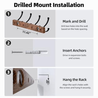 17 Inch Black Walnut Wood Wall Mounted Coat Rack with 4 Black Double Hooks, Adhesive Mounted Entryway Hooks, Modern Natural Wooden Pegs for Hanging Coat Clothes Hat Bag Purse Key and Towel - color: Coat Rack with 4 Double Hooks