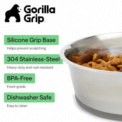 GORILLA GRIP Dog Bowls, Food Grade Stainless Steel, Set of 2, 8 Cup, Gray | 304 Stainless Steel Pet Feeding Bowls Hold 64 fl oz Each, Dishwasher Safe, Rust Resistant, BPA Free Rubber Base - color: Gray, size: 8 Cup (64 Oz)