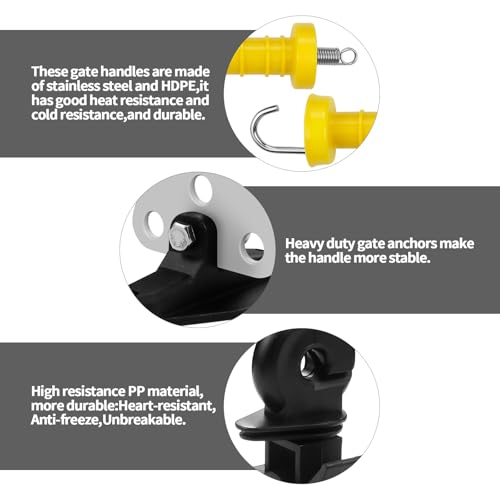 2 Set Electric Fence Gate Handle Set with Anchor and Insulator, Consisting of 2 Plastic Electric Fence Gate Handle, 4 Anchor Sets, 4 Electric Fence Insulators and 8 Screws
