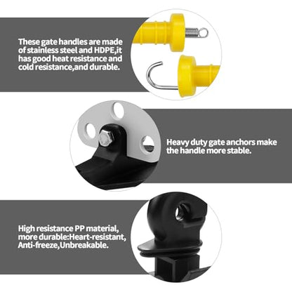 2 Set Electric Fence Gate Handle Set with Anchor and Insulator, Consisting of 2 Plastic Electric Fence Gate Handle, 4 Anchor Sets, 4 Electric Fence Insulators and 8 Screws