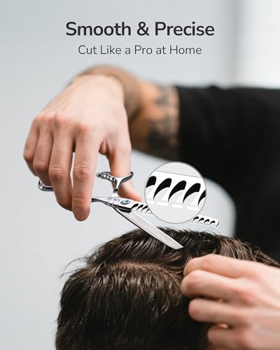 ULG Hair Thinning Scissors 6.7” Shark Series 100% Japanese Stainless Steel, Offset Handle, 16-Tooth Fishbone Chunker 45% Hair Removal, Professional Barber Layering Shears for Salon & Home Hair Styling - color: Blue01