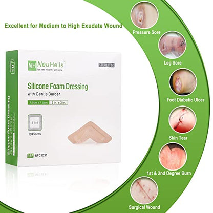 NeuHeils Silicone Foam Dressing with Border 3"x3", 10 Pack for Bed Sores - size: 3''x3'' (Pack of 10)