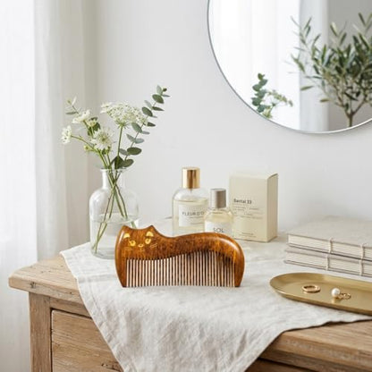 Cute Cat Natural Sandalwood Hair Comb, Gilded Wooden Hair Comb