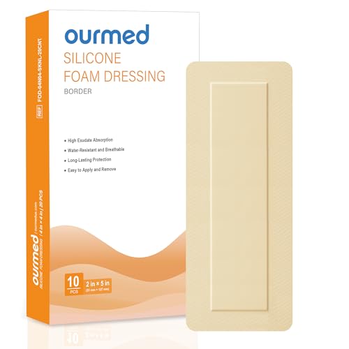 Ourmed Silicone Foam Dressings(2"x 5" - 10 Packs) with Tender Adhesive Border, Sterile Advanced Absorbent Bandage, Wound Care for Bed Sores, Pressure Ulcers, Foot Diabetic Ulcer - size: 2"x 5" (10 Packs)
