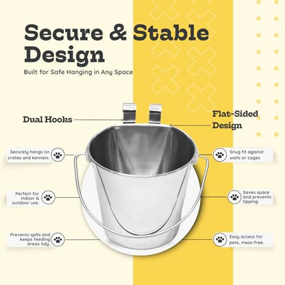 4 Quart Stainless Steel Flat Sided Bucket with Dual Hooks | 1 gal Durable Food & Water Bowl for XL Dogs, Cats, Goat & Livestock | Fits kennel Cage Critter Crate | Hanging Utility Pet Pail - size: 4 Quart
