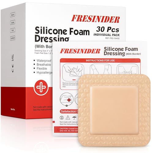 FRESINIDER Silicone Foam Dressing 3" x 3", 30 Pack – Soft Silicone Wound Dressing Pads for Pressure Areas, Ulcers & Post-Surgery Care, Highly Absorbent, Breathable & Gentle on Skin - color: 3" X 3", 30 Pack