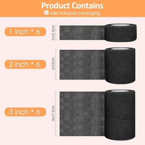BIRDDIE 18 Packs 1"/2"/3" Black Self Adherent Bandage Wrap - color: Black