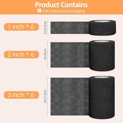BIRDDIE 9 Packs 1"/2"/3" Black Self Adherent Bandage Wrap - color: Black-9