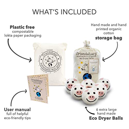 Friendsheep Wool Dryer Balls, Organic Reusable Fabric Softener Alternative for Laundry, Handmade, Fair Trade, Hypoallergenic, Eco-Friendly, Plastic-Free (6 Pack XL – Pig- Piggy Band) | Reusable fabric softener alternative Organic wool, handmade, fair trad