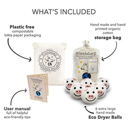 Friendsheep Wool Dryer Balls, Organic Reusable Fabric Softener Alternative for Laundry, Handmade, Fair Trade, Hypoallergenic, Eco-Friendly, Plastic-Free (6 Pack XL – Pig- Piggy Band) | Reusable fabric softener alternative Organic wool, handmade, fair trad