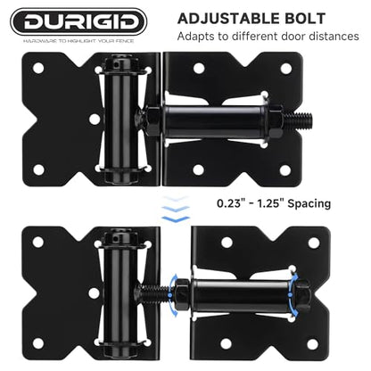 Self Closing Gate Hinges, Spring Loaded Gate Hinges, Shed Door Hinges for Vinyl/Wood Fence/Steal Gate, Self-Tapping Screws and Adjustment Tool, Black Finish, 2 Pack