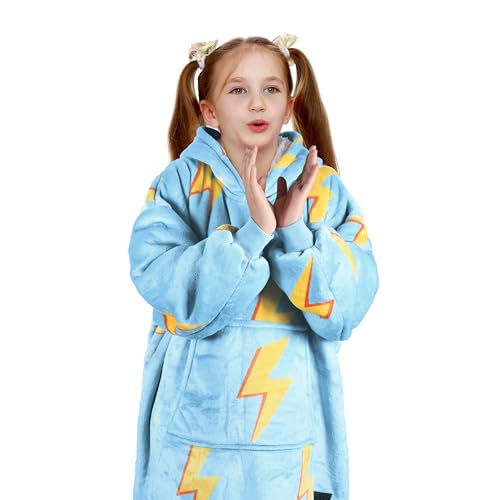 Solaris Thunder Lightning Kids Wearable Blanket Hoodie - Cozy Warm Sherpa Fleece Sweatshirt Pullover with Larger Pocket for Teens, Girls, Boys - color: Thunder Blue