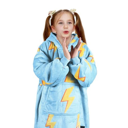 Solaris Thunder Lightning Kids Wearable Blanket Hoodie - Cozy Warm Sherpa Fleece Sweatshirt Pullover with Larger Pocket for Teens, Girls, Boys - color: Thunder Blue