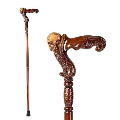 Hand Carved Wooden Walking Cane with Ergonomic Handle and Rubber Tip for Men and Women - Fashionable Unique Walking Stick for Seniors - 37 inch - style: Skull