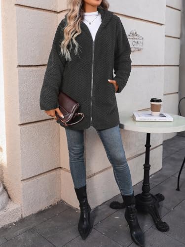 Vipwest Womens Fleece Jacket Hooded Winter Warm Full Zip Long Sleeve Sherpa Jacket Coat Outerwear with Hood (S-5XL) - color: Black Grey Dot, size: Small