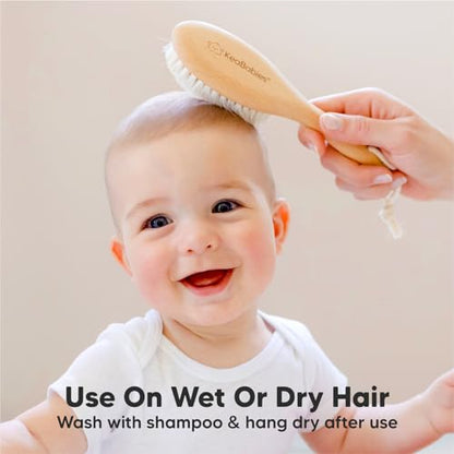 KeaBabies Baby Hair Brush and Baby Hair Brush and Comb Set - Wooden Brush with Soft Goat Bristles, Soft for Newborn's Head and Craddle Cap Softener