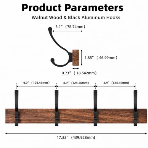 17 Inch Black Walnut Wood Wall Mounted Coat Rack with 4 Black Double Hooks, Adhesive Mounted Entryway Hooks, Modern Natural Wooden Pegs for Hanging Coat Clothes Hat Bag Purse Key and Towel - color: Coat Rack with 4 Double Hooks