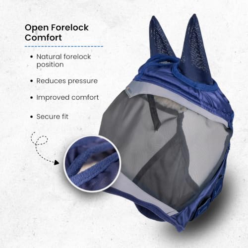 Shires FlyGuard Pro Fine Mesh Fly Mask with Ears & Open Forelock – Full Size | Lightweight Breathable Mesh Fly & Insect Protection | Turnout, Grazing & Stable Use | Navy Colour - color: Navy, size: Full