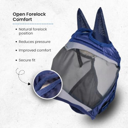 Shires FlyGuard Pro Fine Mesh Fly Mask with Ears & Open Forelock – Full Size | Lightweight Breathable Mesh Fly & Insect Protection | Turnout, Grazing & Stable Use | Navy Colour - color: Navy, size: Full
