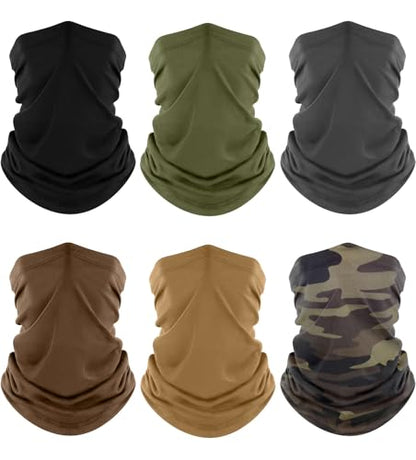 Fuinloth Neck Gaiter, 6 Pack Cooling UV Protection Bandana Face Mask Gator - color: Black+gray+green+camo+sand+brown