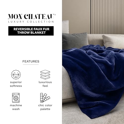 Mon Chateau 60" x 70" Hearthside Faux Fur Throw Blanket, Midnight Tide | Cozy Layer Comfort For Couch, Bed Or Chair. Lightweight Polyester Fabric With Easy Machine Wash Care - color: Midnight Tide