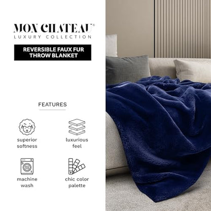 Mon Chateau 60" x 70" Hearthside Faux Fur Throw Blanket, Midnight Tide | Cozy Layer Comfort For Couch, Bed Or Chair. Lightweight Polyester Fabric With Easy Machine Wash Care - color: Midnight Tide